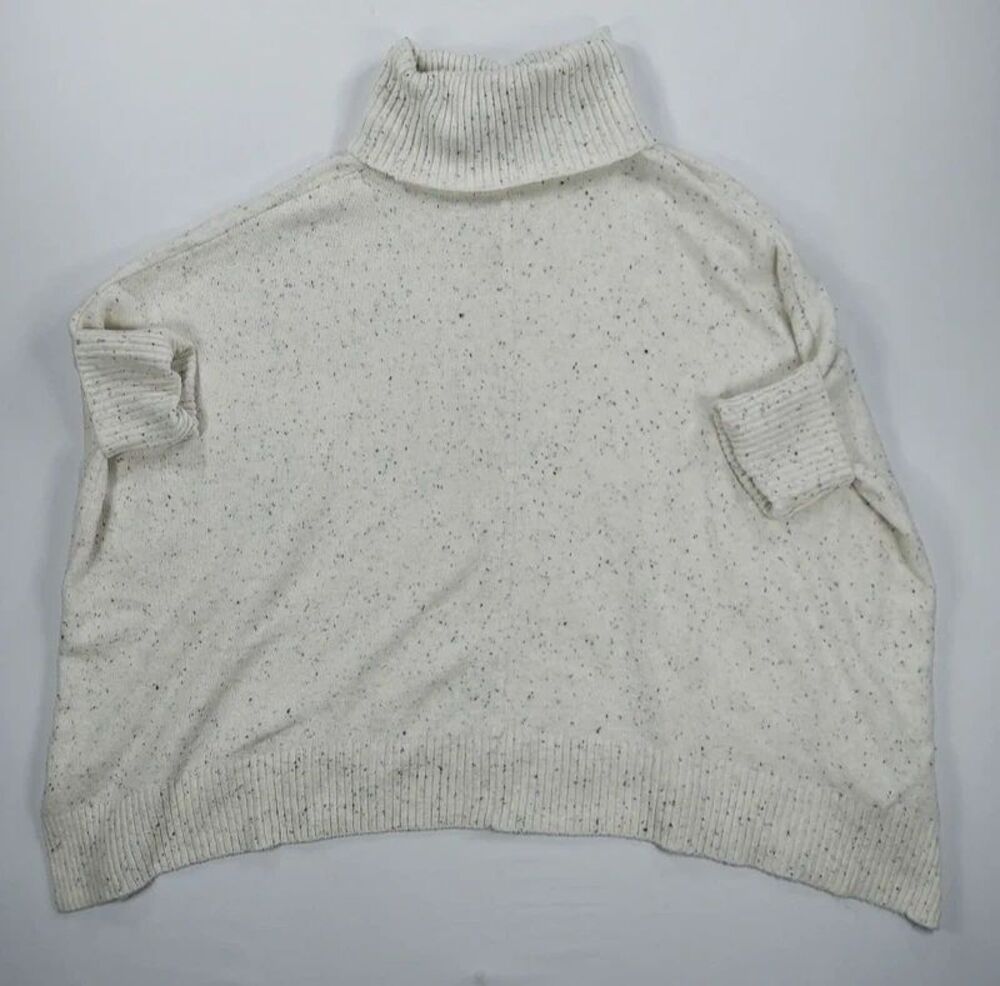 LOFT Women M Ivory Flecked Turtleneck Poncho Sweater Knit 3/4 Sleeve Pullover
